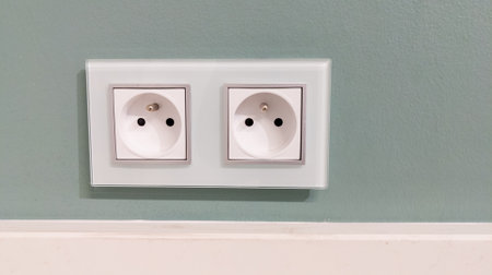two white french european electrical outlets with plug inserted into modern neutral green wall with...