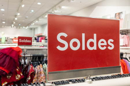 sale french text means red sale sign on shop shelf in clothing storeの写真素材