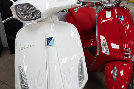 Bordeaux , Aquitaine France - 20 01 2023 : Vespa white red Italian brand text and logo sign front of scooter italian modern manufactured by Piaggioのeditorial素材