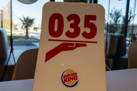 Bordeaux , Aquitaine France - 06 02 2023 : Burger King logo brand and text sign on easel number for table service restaurant us fast food franchiseのeditorial素材