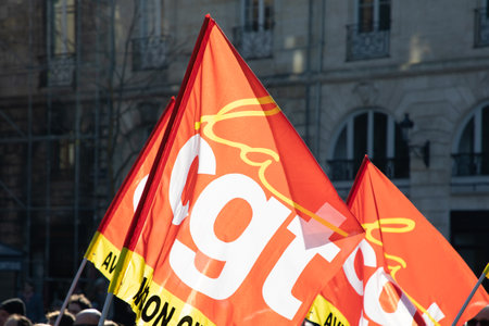 Bordeaux , Aquitaine France - 12 02 2023 : CGT text sign and brand logo flag of General Confederation of Labor national trade union center French confederation social demonstration in the streetのeditorial素材