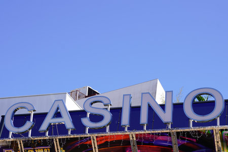 Cannes , paca France - 12 02 2023 : Cannes Casino historical facade text sign building play money slot machine in mediterranean french south coastのeditorial素材