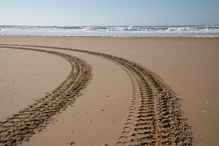 Tracks on beach coast golden car trace in the sand atlantic oceanの写真素材