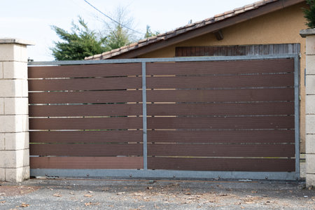 Wooden portal steel sliding plank gate design modern style street view outdoor