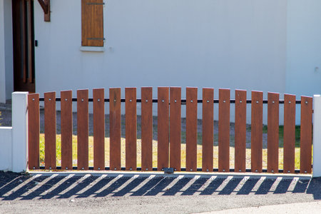portal wooden gate brown house in street view outdoor wood door home entranceの写真素材