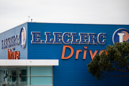 Bordeaux , Aquitaine France - 02 27 2023 : E.leclerc drive sign logo on building facade shop retail supermarket store text brand shop leclercのeditorial素材