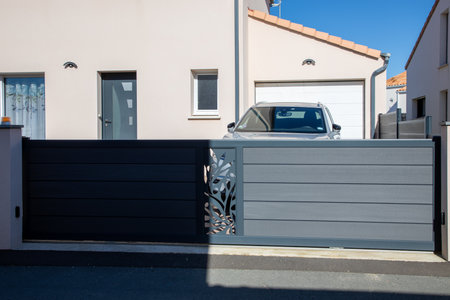 slide design door entrance high gray sliding metal gate house gray modern portal of suburb city