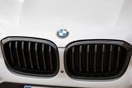 Bordeaux , Aquitaine France - 03 05 2023 : BMW car logo grill close up sign text brand front suv white car exterior detailのeditorial素材
