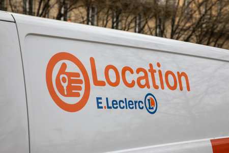 Bordeaux , Aquitaine France - 03 10 2023 : e.Leclerc location rent text logo and brand sign on van panel rental trucks vehicleのeditorial素材