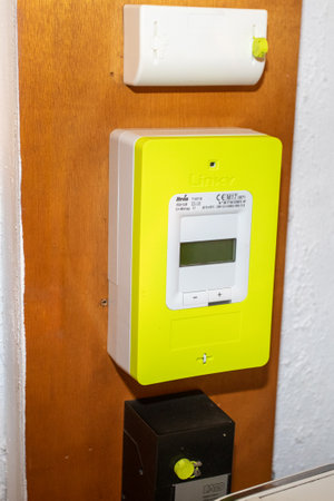 Bordeaux , Aquitaine France - 03 10 2023 : Linky Itron new smart digital electric meter from EDF Electricity Network Distribution Franceのeditorial素材