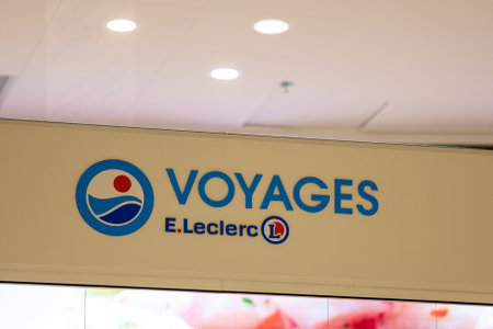 Bordeaux , Aquitaine France - 03 10 2023 : e.leclerc brand text and sign logo of leclerc voyages travel agency facade officeのeditorial素材