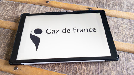 Bordeaux , Aquitaine France - 03 15 2023 : GDF gaz de france logo sign and brand text on screen tablet french gas provider signageのeditorial素材