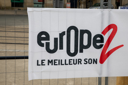 Bordeaux , Aquitaine France - 03 10 2023 : europe 2 logo sign and brand text of french radio channel studio in Parisのeditorial素材