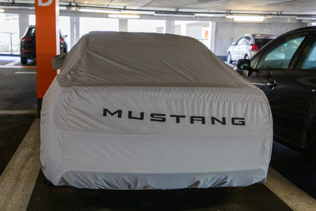 Les Sables-d'Olonne , vendee France - 03 29 2023 : ford mustang logo brand and text sign sport on car cover canvas tarpaulinのeditorial素材