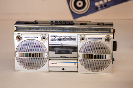 Bordeaux , Aquitaine France - 04 02 2023 : philips 1980s Silver radio boom box Retro boombox ghetto...