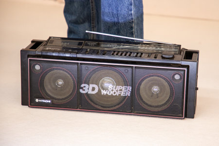 Bordeaux , Aquitaine France - 04 02 2023 : hitachi 3d super woofer vintage box radio boombox of the 80sのeditorial素材