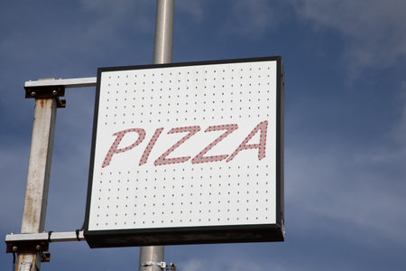 Pizza neon sign text background wallpaper restaurant takeaway pizzeriaの写真素材
