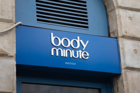 Bordeaux , Aquitaine France - 04 17 2023 : Body minute logo brand and text sign on entrance facade beauty salon shop for women girlsのeditorial素材
