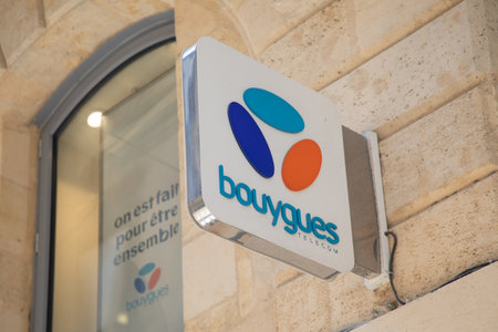 Bordeaux , Aquitaine France - 04 17 2023 : Bouygues telecom logo text and sign facade wall shop brand phone french operator storeのeditorial素材