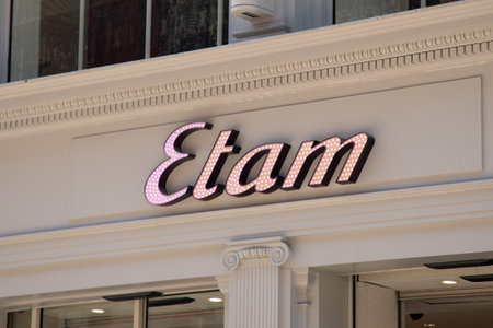 Bordeaux , Aquitaine France - 04 17 2023 : etam brand logo and text sign pink light on wall facade store lingerie underwear women shop girlsのeditorial素材