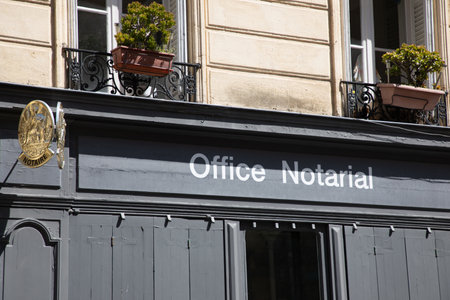 Bordeaux , Aquitaine France - 04 17 2023 : Notaire french office notarial entrance facade sign text and plate logo notary agencyのeditorial素材