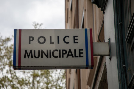 lyon , Aura France - 04 24 2023 : municipal police Municipal police facade wall logo and text sign on entrance official building of mayor local policeのeditorial素材