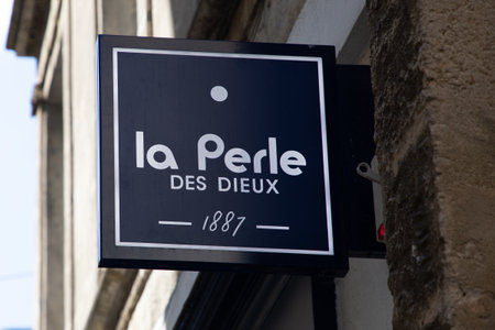 Bordeaux , Aquitaine France - 04 17 2023 : la perle des dieux brand logo and text sign facade street French cannery store Breton fish sardines shopのeditorial素材