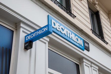 lyon , Aura France - 04 24 2023 : decathlon city sign text and brand logo facade wall storefront building in town streetのeditorial素材