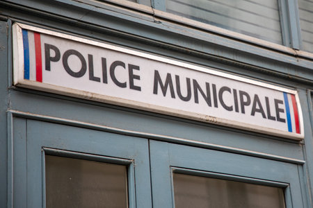 lyon , Aura France - 04 24 2023 : municipal police station Municipal police facade wall logo and text sign on entrance official building of mayor local in franceのeditorial素材