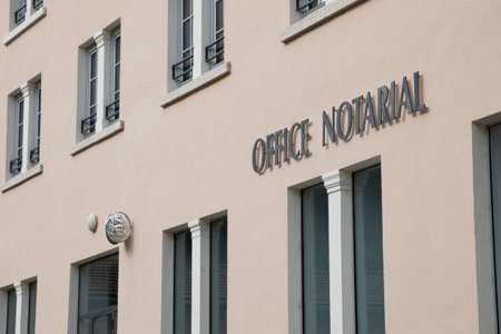 lyon , Aura France - 04 24 2023 : office notarial Notaire french office entrance facade text brand and sign logo notary french in wall buildingのeditorial素材
