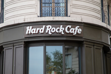 lyon , Aura France - 04 20 2023 : Hard Rock Cafe sign text and brand logo signboard bar restaurant facadeのeditorial素材