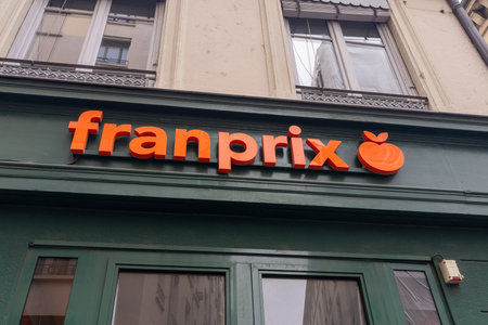 lyon , Aura France - 04 20 2023 : franprix supermarket logo brand and text sign for shop of food retail store in city centerのeditorial素材