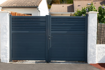 portal double steel high gray metal gate fence on modern house doorの写真素材