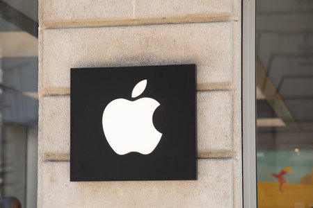 lyon , Aura France - 04 24 2023 : Apple entrance facade shop signboard brand apple and sign logo store of us shop American multinational corporationのeditorial素材