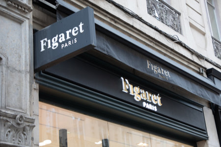 lyon , Aura France - 05 01 2023 : Figaret Paris logo brand and text sign facade boutique of french shop with collection of high-standard shirts storeのeditorial素材
