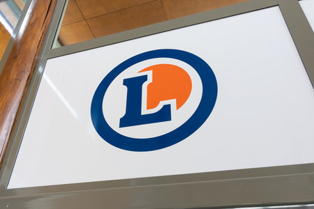 Bordeaux , Aquitaine France - 02 27 2023 : E.Leclerc logo sign and text brand wall entrance French store supermarket leclerc shopのeditorial素材