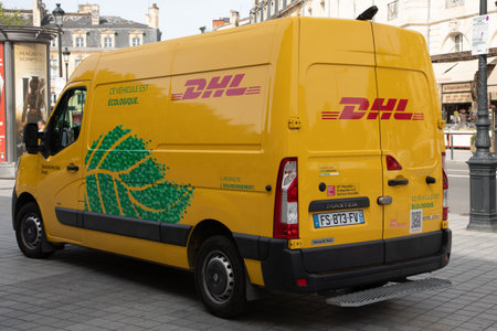 Bordeaux , Aquitaine France - 05 02 2023 : DHL master renault delivery panel van yellow car courier...