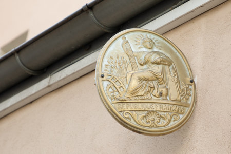 lyon , Aura France - 04 24 2023 : Notaire logo sign and brand text golden plate on french entrance facade wall notary office buildingのeditorial素材