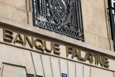 lyon , Aura France - 05 01 2023 : Banque Palatine logo text and sign brand wall facade French bank for retail and private bankingのeditorial素材