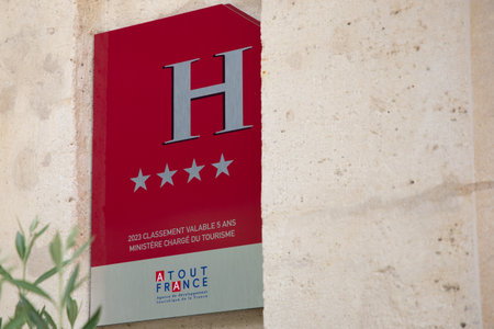 Bordeaux , Aquitaine France - 05 01 2023 : hotel four 4 stars hostel french Quality Tourism logo sign and brand text trump france state guaranteed hospitality for touristのeditorial素材