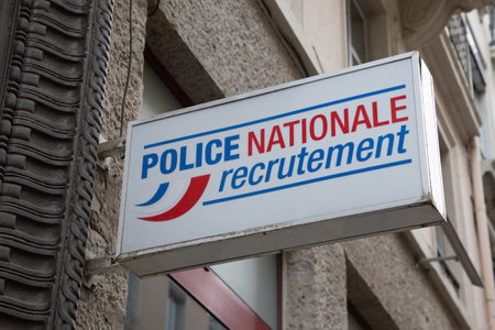 Bordeaux , Aquitaine France - 02 27 2023 : national police recruitment logo brand and text sign French police recruitment wall facade office and information centerのeditorial素材