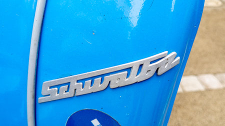 Bordeaux , Aquitaine France - 05 09 2023 : Simson Schwalbe logo brand and text sign GDR moped manufactured in ddr germanyのeditorial素材