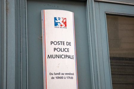 lyon , Aura France - 04 24 2023 : police municipale logo facade and text sign on station entrance office wall building official in lyonのeditorial素材