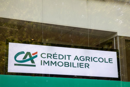 lyon , Aura France - 05 01 2023 : ca credit agricole immobilier sign text and logo brand of bank real estate facade french agency officeのeditorial素材