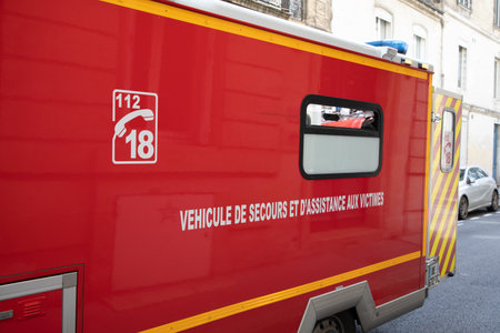 Bordeaux , Aquitaine France - 02 27 2023 : fireman rescue truck ambulance red panel van firefighter...
