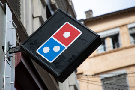 Bordeaux , Aquitaine France - 05 02 2023 : Dominos pizza sign game and brand logo facade restaurant...