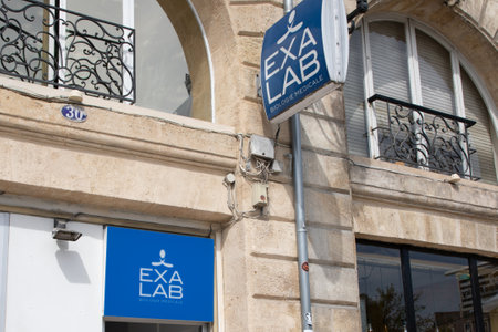 Bordeaux , Aquitaine France - 05 09 2023 : EXALAB logo brand and text sign front medic facade local french Medical Biology Laboratoryのeditorial素材