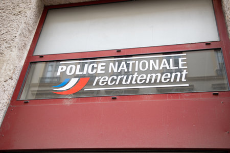 Bordeaux , Aquitaine France - 02 27 2023 : national police recruitment logo brand and text sign French police recruitment office windowsのeditorial素材