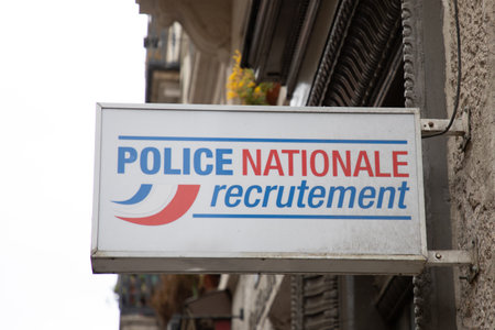 Bordeaux , Aquitaine France - 02 27 2023 : national police recruitment panel wall facade logo brand and text sign panel office signageのeditorial素材