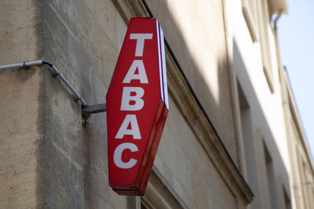 Bordeaux , Aquitaine France - 05 09 2023 : Tabac french brand red logo for store tobacco a sign shop wall facade text whiteのeditorial素材